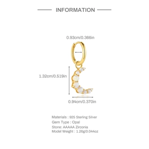 Detailed technical view of moon charm earrings in 925 silver with opal and zircon settings