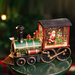 Christmas Snow Globe Train Ornament Plastic LED Light Up Musical Snowing Effect Holiday Desktop Decor Vintage Locomotive