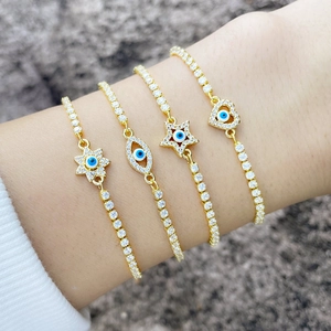Adjustable Evil Eye Bracelet For Women Copper 18K Gold Plated Cubic Zirconia Heart Star Shape Jewelry Gift