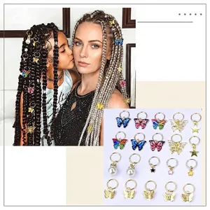 Golden butterfly crystal hair rings with star and pearl charms for braided hair styles