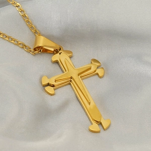Collana Con Pendente A Croce A Strati Placcato Oro 18K Acciaio Inossidabile Catena Cubana Gioielli Religiosi Uomo Donna