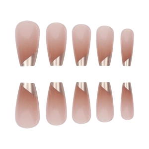 Gradient nude pink coffin fake nails with champagne gold french tips set of 10 pieces