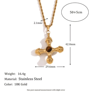 18K gold plated stainless steel cross necklace with brown stone and twist chain dimensions