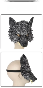 Detailed views of a grey wolf half-face mask with silver texture and elastic strap