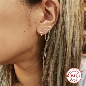 S925 sterling silver star and lightning chain earrings set with cubic zirconia diamonds
