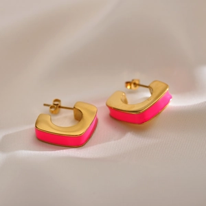 Minimalist geometric square earrings with gold plating and vibrant neon pink enamel finish