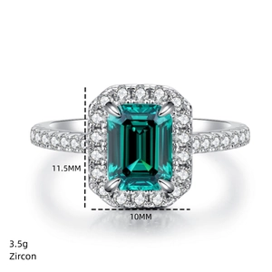 Detailed view of emerald-cut green zircon ring with dimensions 11.5x10mm and 3.5g weight