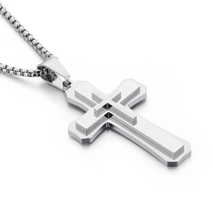 Collier à double pendentif en forme de croix en acier inoxydable argenté pour hommes