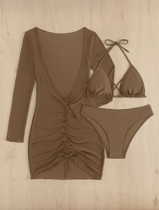 Detailed flat lay of a brown 3-piece bikini set with long mesh dress and drawstring tie