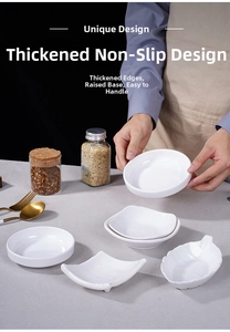 Detail showing various melamine sauce dishes with thickened non-slip base design