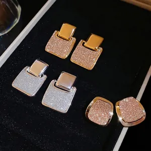 Geometric Square Stud Earrings Copper 18K Gold Plated With 925 Sterling Silver Earring Post Glitter Starry Sky Jewelry