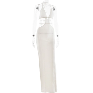 Close-up of white knit halter neck dress with delicate hollow-out backless detailing
