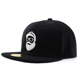 Classic black snapback baseball cap with white beard and sunglasses man embroidery detail