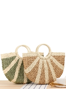 Handwoven Paper Rope Handbag Semi-circular Fan Shaped Striped Summer Beach Vacation Casual Bohemian Tote For Women