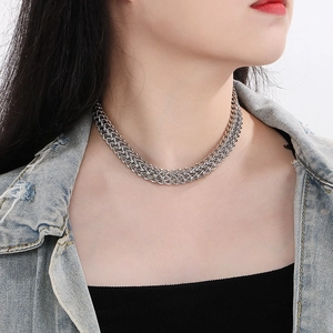 Mens bold silver vacuum plated woven chain necklace for personalized street style