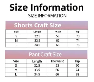 Guide des tailles détaillé pour shorts de yoga avec mesures de longueur, taille et hanches