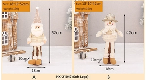 Detailed view of plush Santa and Snowman doll dimensions with soft hanging legs