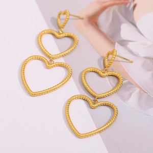 Triple Heart Drop Earrings Stainless Steel 18K Gold Plated Snake Skin Twisted Texture Graduated Layered Statement Jewelry