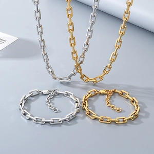 Minimalist gold and silver rectangular paperclip chain necklace and bracelet set for women
