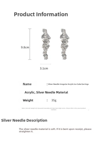 Detail showing irregular acrylic ice drop earrings dimensions and silver pin features
