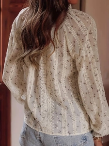 Elegant floral print chiffon shirt with lace patchwork and long sleeves for women
