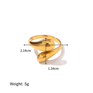 Adjustable golden stainless steel teardrop ring with a polished wrap-around design