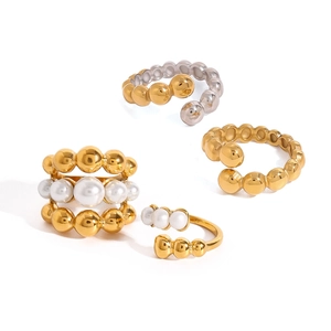 Ensemble de bagues de luxe en acier titane avec perles et billes dorées pour femme