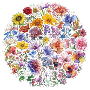 Close-up of floral holographic stickers featuring sunflowers and roses with white edges