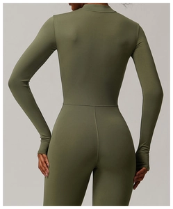 Detail of army green long sleeve yoga bodysuit with thumb holes and slim fit cut