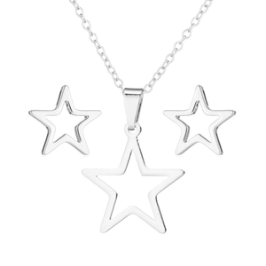 Minimalist silver stainless steel jewelry set featuring hollow star necklace and earrings