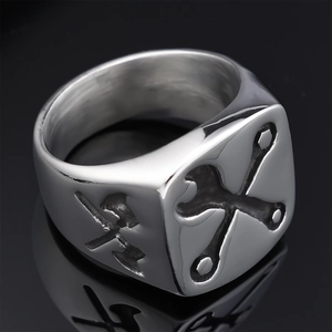 Polished silver stainless steel biker signet ring with embossed cross bone pattern