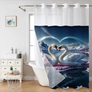 Detail of waterproof shower curtain featuring white swans heart print and hooks