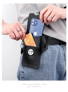 Detail of black leather phone holster with double storage layers and secure belt loop