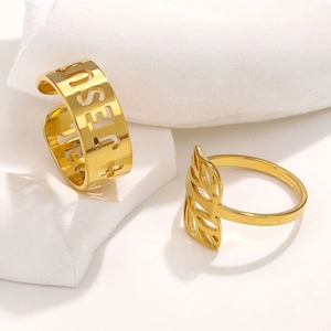 Golden stainless steel adjustable open rings with JESUS text and leaf cutouts