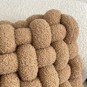 Nordic woven lamb wool square cushion in camel brown with soft teddy fleece texture