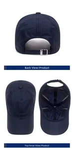 Detail of dark blue quick-dry cap with laser-cut vents and adjustable metal buckle