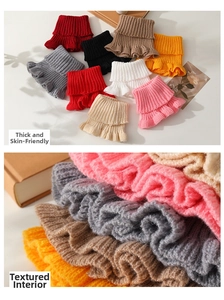 Detail of knitted ruffle boot cuffs with ribbed texture and thick soft lining in various colors