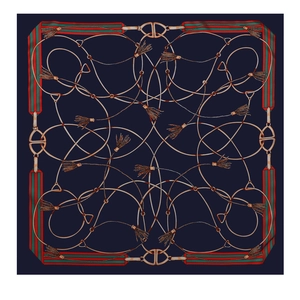 Close-up of square silk scarf with navy blue base and equestrian pattern detailing