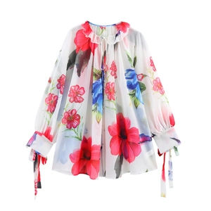 Chemisier En Mousseline À Imprimé Floral Pour Femmes À Manches Longues À Volants Col À Nouer Haut Pull Ample