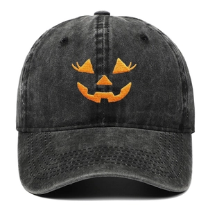 Vintage washed black denim baseball cap with orange pumpkin face embroidery for Halloween