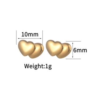Detailed size view of gold double heart stud earrings showing 10mm width and 1g weight