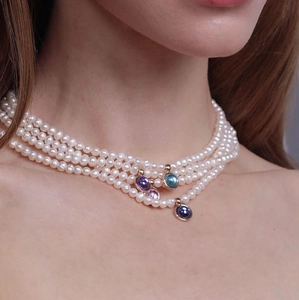 Birthstone Artificial Pearl Necklace Round Gemstone Pendant Retro Elegant Jewelry For Women