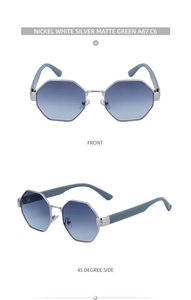 Front and side view of silver geometric sunglasses with blue-green gradient lenses