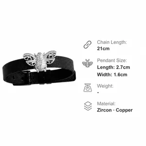 Size chart showing 21cm black mesh strap length and zircon-studded bee charm measurements