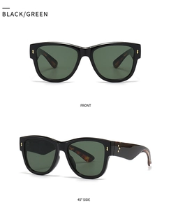 Front and side view of cat eye sunglasses with black frame and golden rivets