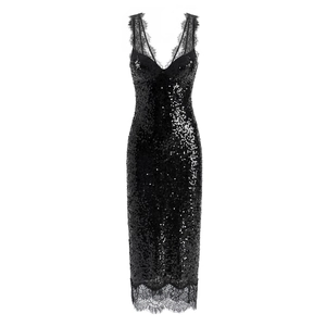 Robe Maxi À Paillettes Col En V Profond Dentelle Patchwork Moulante Sans Manches Dos Nu Sexy Soirée Club Pour Femmes