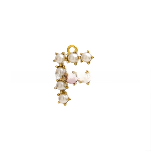 Detailed view of Letter F pendant with white and pink pearls on a gold-plated base