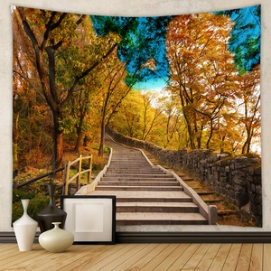 Detail of forest landscape wall tapestry with autumn trees and stone path scenery