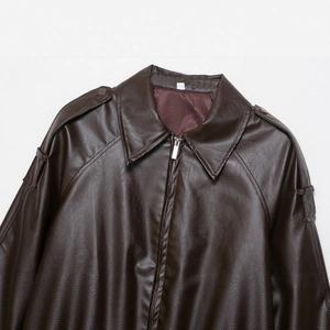 Dark brown faux leather bomber jacket with lapel collar and shoulder epaulettes detail