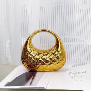 Acrylic Evening Clutch Bag Metallic Glossy Shell Shape Quilted Diamond Pattern Ring Handle For Party Banquet Women